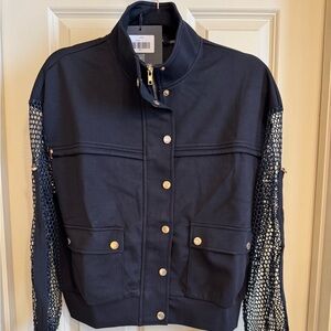 Elegant Black Bomber Jacket with Mesh Sleeves